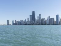 the large body of water near many city buildings and a beach on each side of it