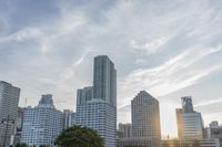 a skyline view of a building with a few people at the park on the grass