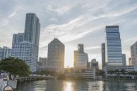 a skyline view of a building with a few people at the park on the grass