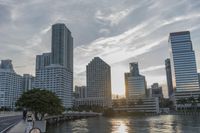 a skyline view of a building with a few people at the park on the grass