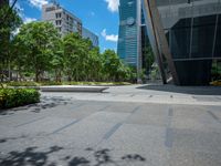 the courtyard is lined with greenery and tall buildings and trees, in a city