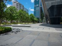 the courtyard is lined with greenery and tall buildings and trees, in a city