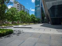 the courtyard is lined with greenery and tall buildings and trees, in a city