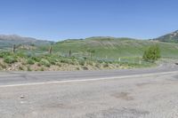 there is a mountain with wildflowers and green hills behind it and a sign that is pointing towards the left corner