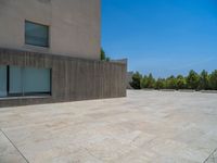 the gray concrete walls of a building have a line of steps on the left side