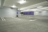 a parking garage with a purple door and several signs attached to it is very spacious