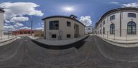 a fish eye view of a street from outside the building area in a small town