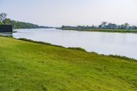 a small tv is sitting on a small hill near the water and grass is growing