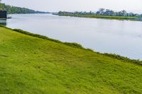 a small tv is sitting on a small hill near the water and grass is growing