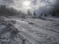 a snow covered path with snow on both sides and trees in the background with the sun
