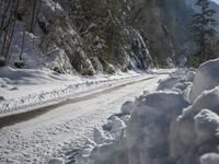 a dirt road near the edge of a snow covered forest in the day light from above the mountain