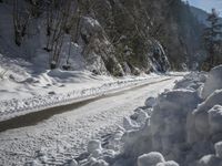 a dirt road near the edge of a snow covered forest in the day light from above the mountain