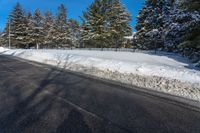 a couple of snow covered trees are near some road signs and fenced off road