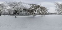 a panoramic image shows the snow covered ground in a city park with trees