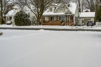 a driveway that has snow all over it and trees in the yard that is on both side of house