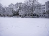 a view of the snow covered field with trees in the background and buildings on the right