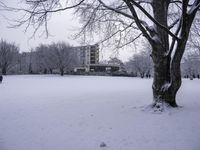 a large white building on top of a field covered with snow next to trees and a person walking