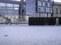 snow on the ground outside a large building that appears to be a library or a science club