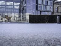 snow on the ground outside a large building that appears to be a library or a science club