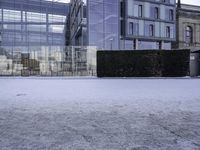 snow on the ground outside a large building that appears to be a library or a science club