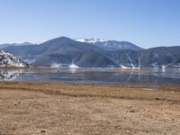 a dry field with many wind generators in the background and snow covered mountains on either side