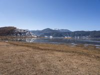 a dry field with many wind generators in the background and snow covered mountains on either side