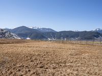 a dry field with many wind generators in the background and snow covered mountains on either side