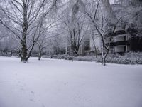 a person is walking through the snow covered park in front of a building with a white porch