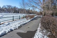 there is a snow covered area on the street in front of this park area with a path lined with snow