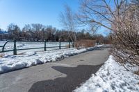 there is a snow covered area on the street in front of this park area with a path lined with snow