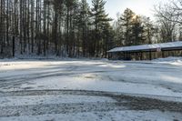 a small parking lot covered in snow and trees beside a building with an awning