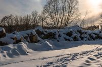 a snow covered path in front of a rock wall and a snowmobiler next to a snowy bush