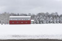 a red barn is covered by snow next to trees in the winter time that is gray in color