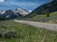 the road is paved with yellow markings and has a snowy mountain range in the background