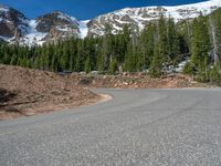 the curved road is near an evergreen mountain side area with rocks and trees in winter