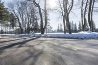 there is a snow covered road with some trees in the background and sunlight shining down