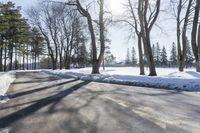 there is a snow covered road with some trees in the background and sunlight shining down