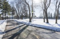 there is a snow covered road with some trees in the background and sunlight shining down