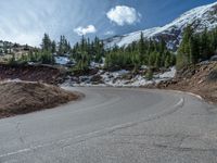 the curved road is near an evergreen mountain side area with rocks and trees in winter