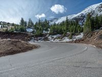 the curved road is near an evergreen mountain side area with rocks and trees in winter