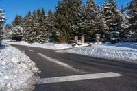 a snow covered road next to pine trees on a sunny day in wintertime, with a crosswalk leading through the middle