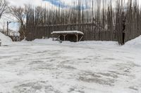 a barn with a roof covered in snow near many trees and small piles of snow