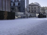 the sidewalk has snow in front of tall buildings and bushes covered in snow in front of a fence