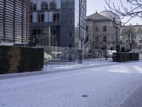 the sidewalk has snow in front of tall buildings and bushes covered in snow in front of a fence