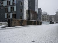 a snow covered street is seen with a building in the background, as snow falls down the side