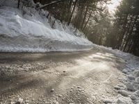 a snow covered street next to pine trees and a pile of snow on the side