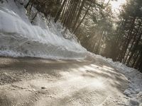 a snow covered street next to pine trees and a pile of snow on the side