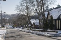 the snow - covered streets of a town are empty, with many buildings and trees in the foreground