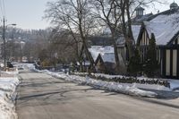 the snow - covered streets of a town are empty, with many buildings and trees in the foreground