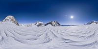 a 3d rendering snow landscape with mountains in the background and a full moon over the mountain range